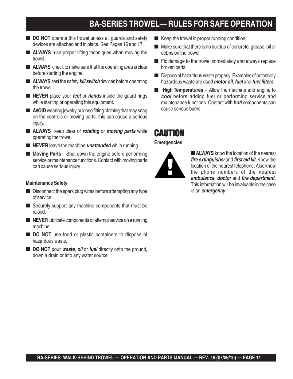 Ba-series trowel— rules for safe operation, Caution | Multiquip BA-SERIES User Manual | Page 11 / 120