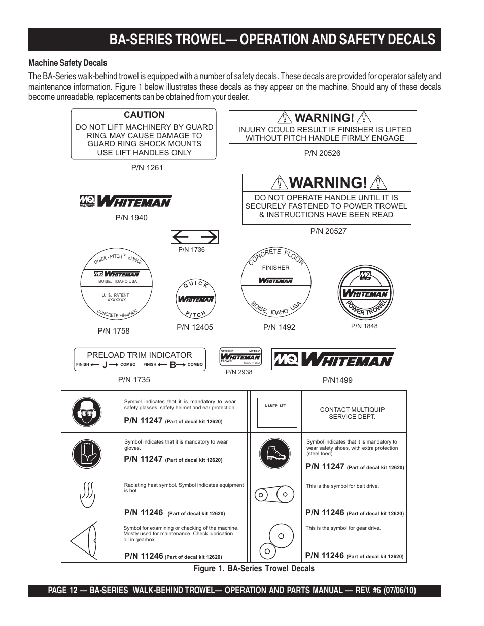 Ba-series trowel— operation and safety decals, Warning, Caution | Multiquip BA-SERIES User Manual | Page 12 / 120