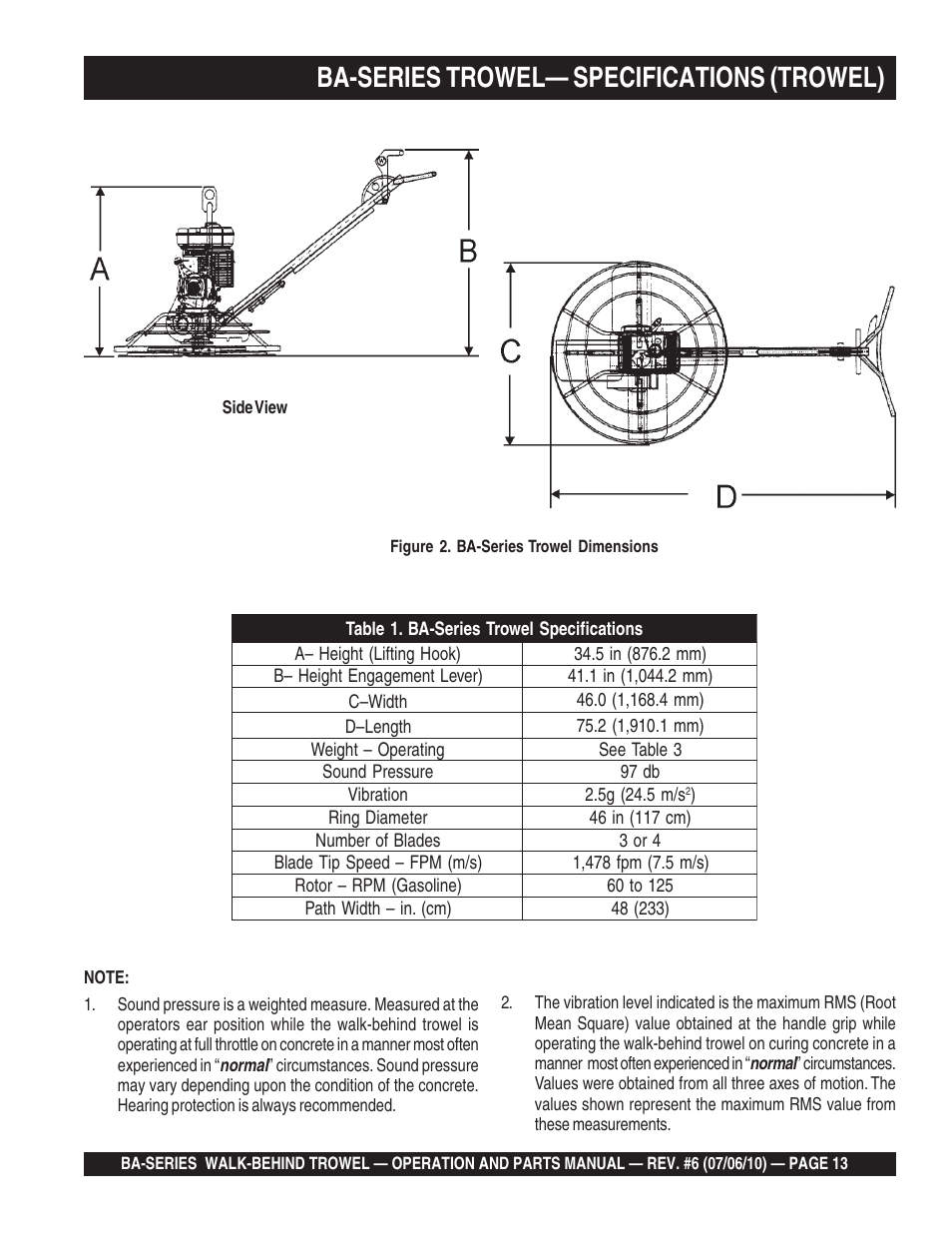 Ba-series trowel— specifications (trowel) | Multiquip BA-SERIES User Manual | Page 13 / 120