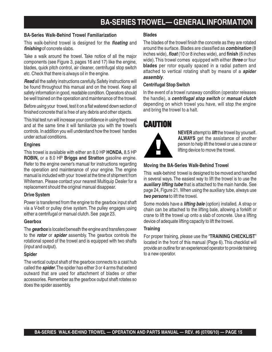 Ba-series trowel— general information, Caution | Multiquip BA-SERIES User Manual | Page 15 / 120