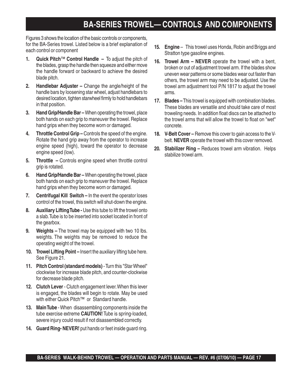 Ba-series trowel— controls and components | Multiquip BA-SERIES User Manual | Page 17 / 120