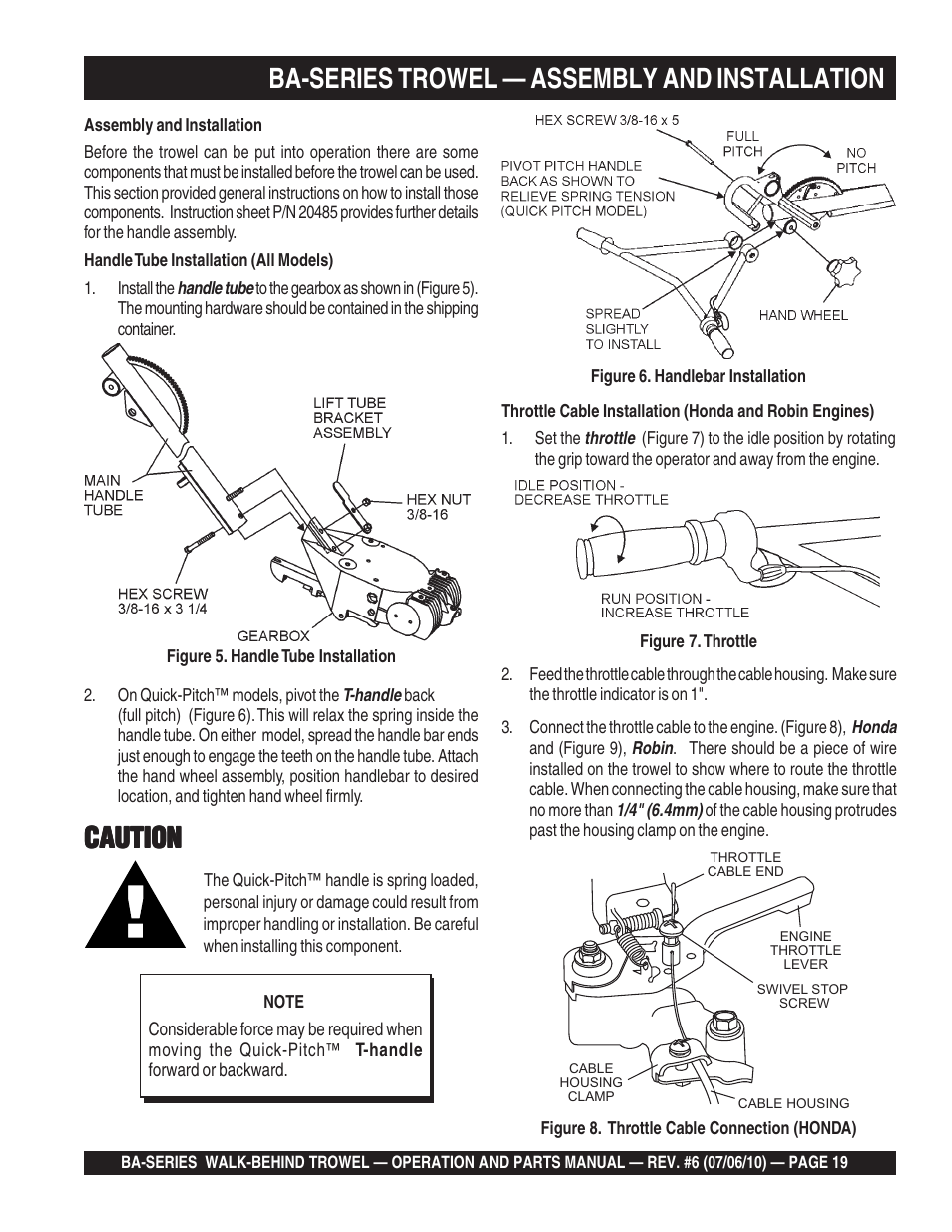 Ba-series trowel — assembly and installation, Caution | Multiquip BA-SERIES User Manual | Page 19 / 120