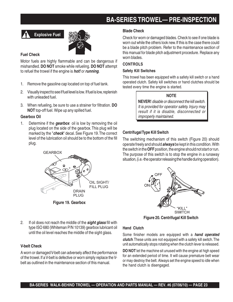 Ba-series trowel— pre-inspection | Multiquip BA-SERIES User Manual | Page 23 / 120
