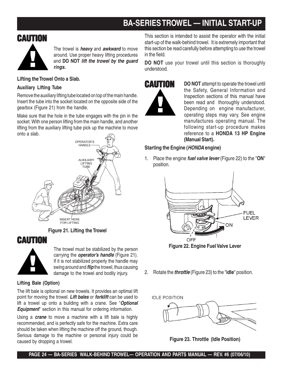 Ba-series trowel — initial start-up, Caution | Multiquip BA-SERIES User Manual | Page 24 / 120