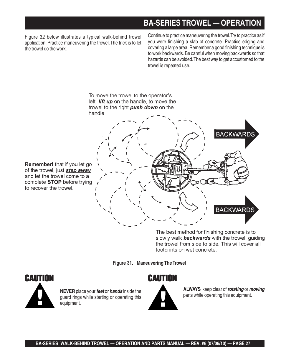 Ba-series trowel — operation, Caution | Multiquip BA-SERIES User Manual | Page 27 / 120