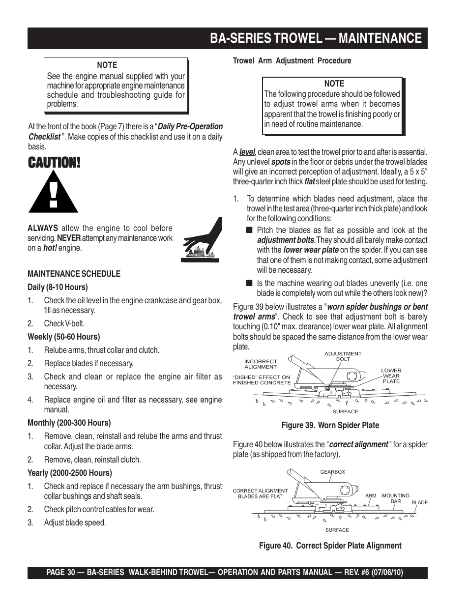 Caution, Ba-series trowel — maintenance | Multiquip BA-SERIES User Manual | Page 30 / 120