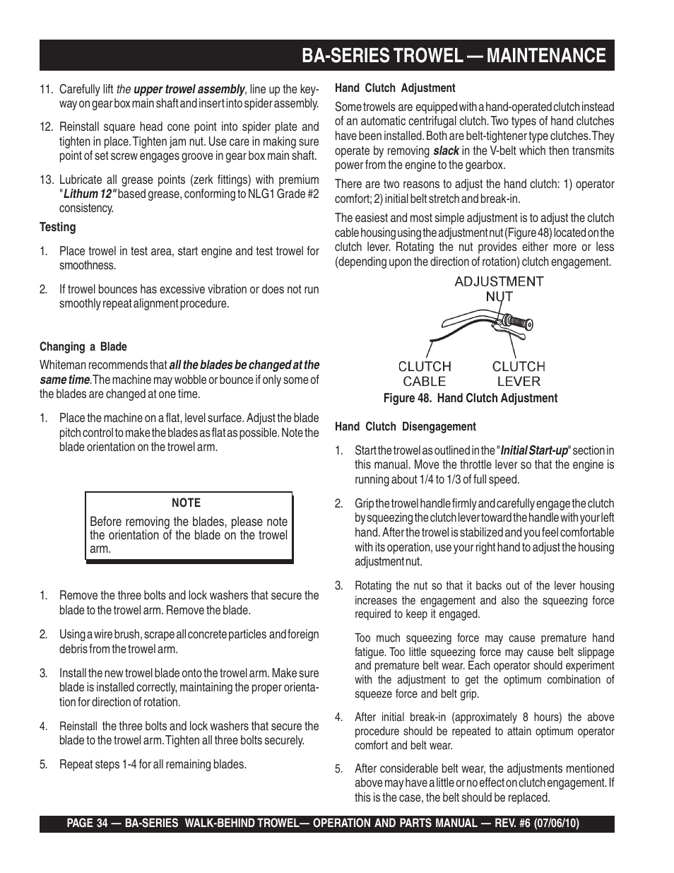 Ba-series trowel — maintenance | Multiquip BA-SERIES User Manual | Page 34 / 120