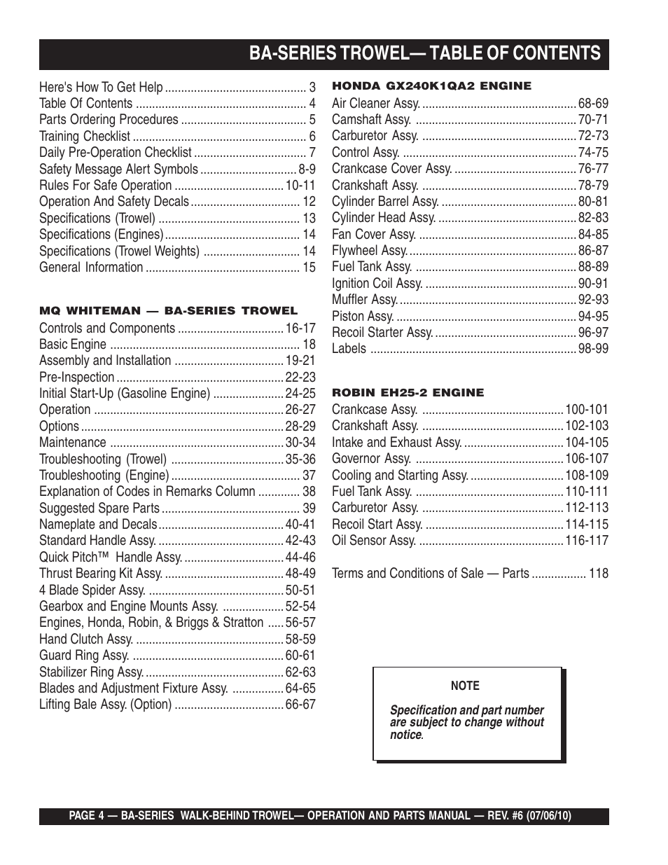 Ba-series trowel— table of contents | Multiquip BA-SERIES User Manual | Page 4 / 120