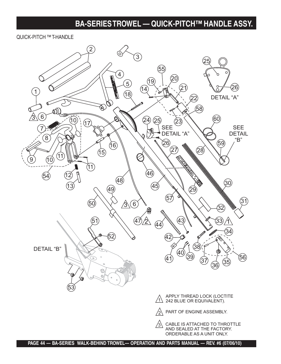 Ba-series trowel — quick-pitch™ handle assy | Multiquip BA-SERIES User Manual | Page 44 / 120