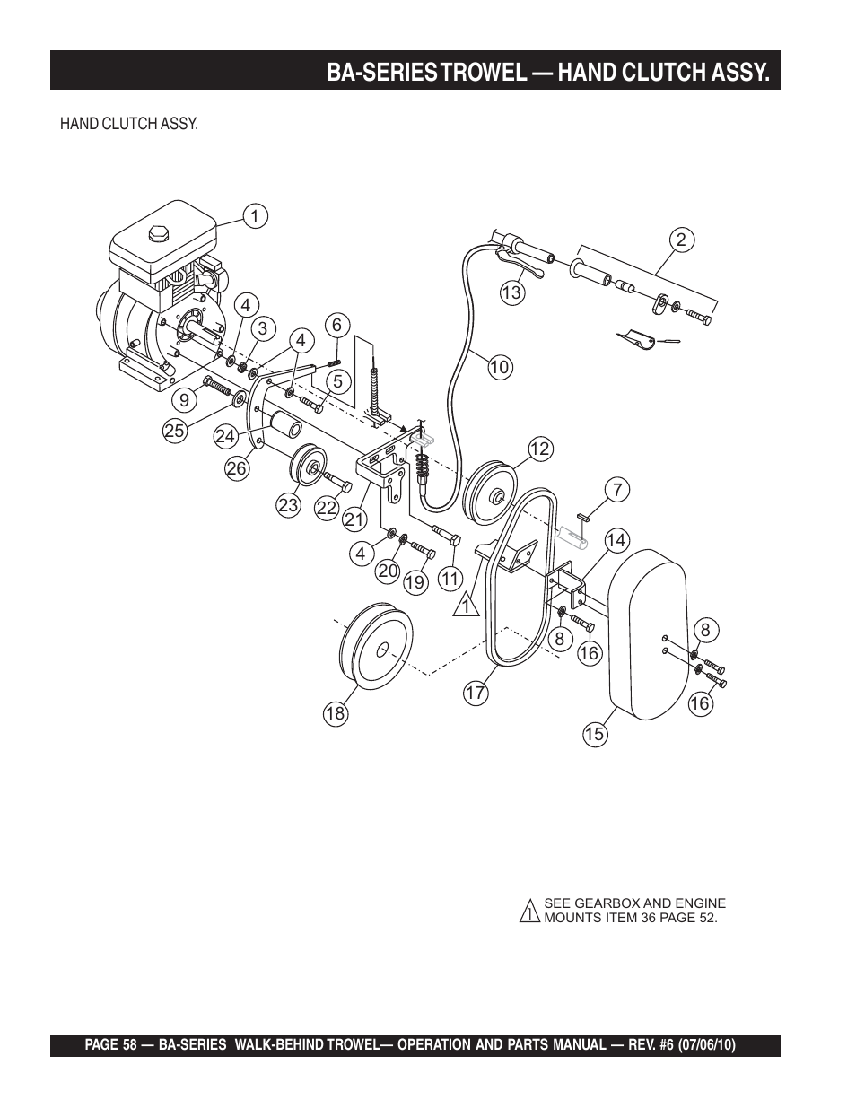 Ba-series trowel — hand clutch assy | Multiquip BA-SERIES User Manual | Page 58 / 120