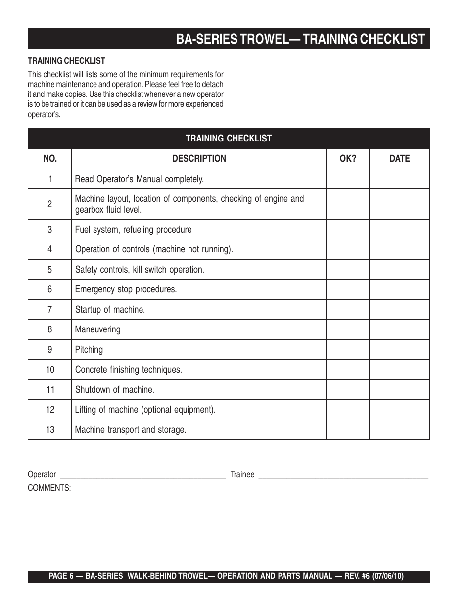 Ba-series trowel— training checklist | Multiquip BA-SERIES User Manual | Page 6 / 120