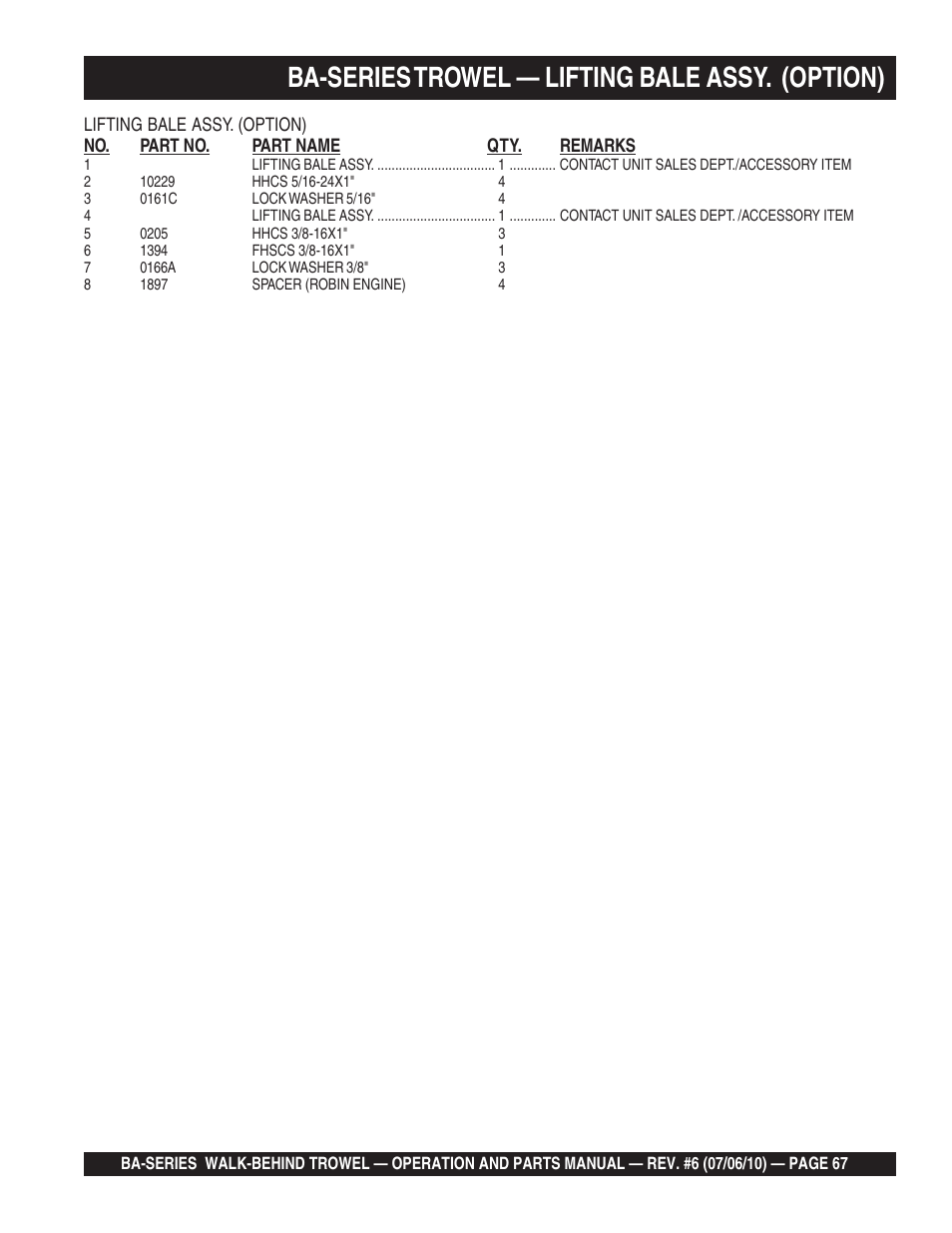 Ba-series trowel — lifting bale assy. (option) | Multiquip BA-SERIES User Manual | Page 67 / 120