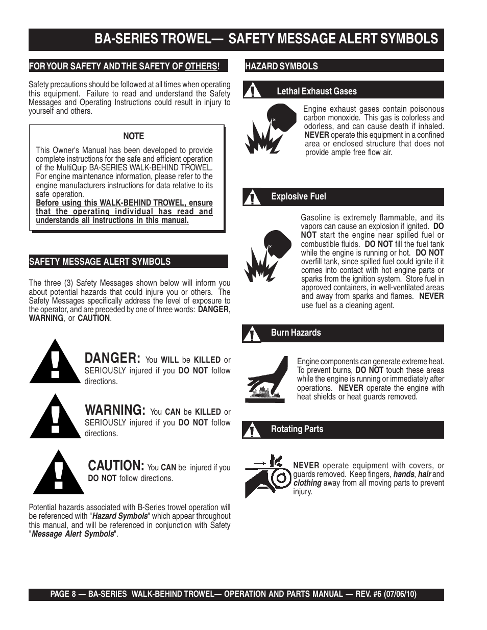 Ba-series trowel— safety message alert symbols, Danger, Warning | Caution | Multiquip BA-SERIES User Manual | Page 8 / 120