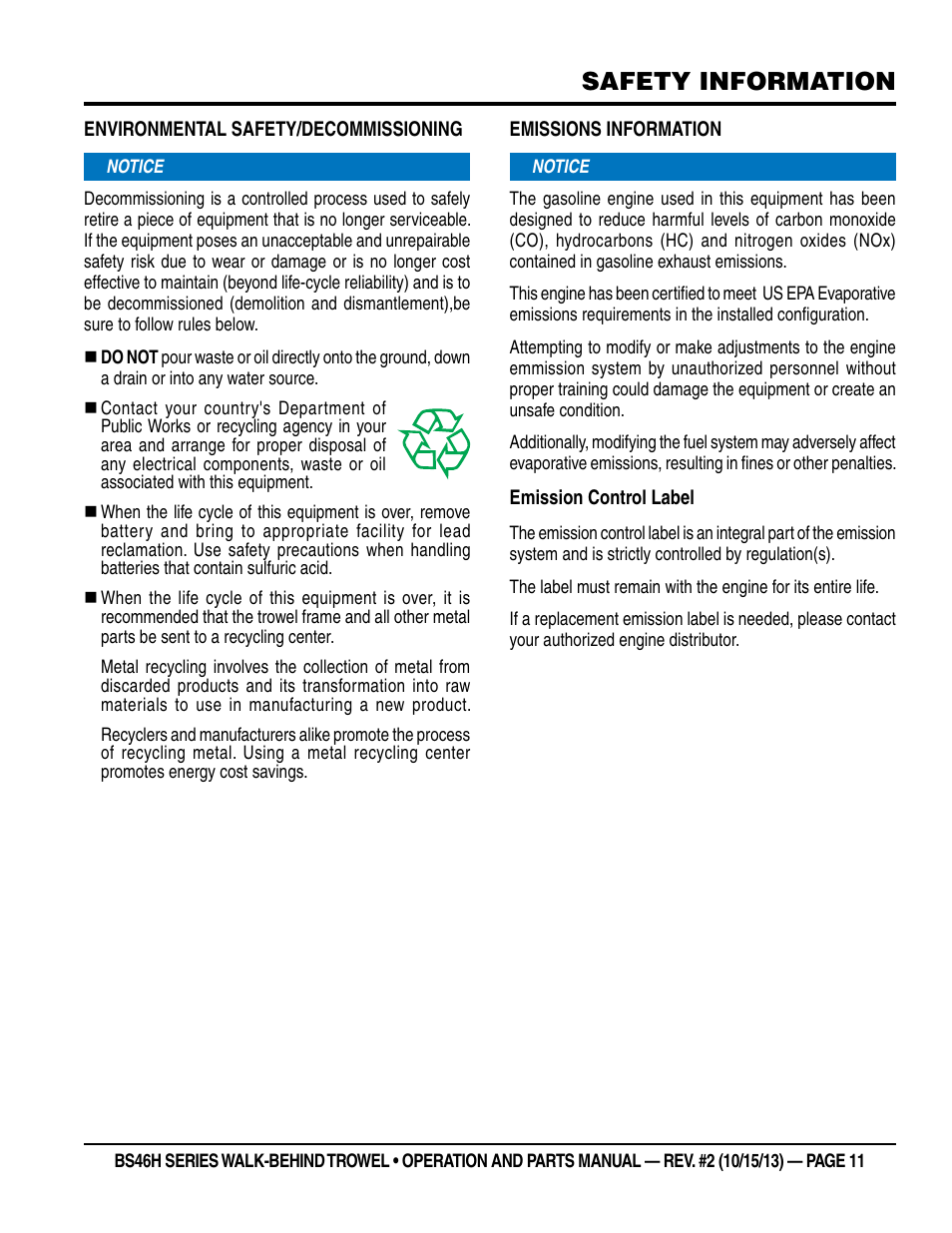 Safety information | Multiquip BS46HLE User Manual | Page 11 / 68