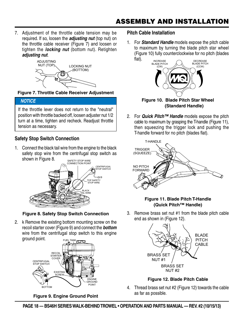 Assembly and installation, Safety stop switch connection, Pitch cable installation | Multiquip BS46HLE User Manual | Page 18 / 68