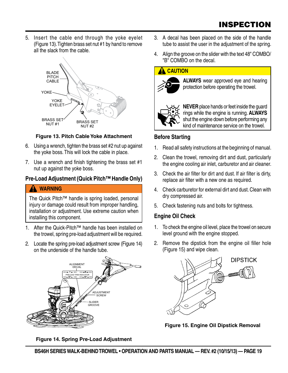 Inspection, Pre-load adjustment (quick pitch™ handle only), Before starting | Engine oil check | Multiquip BS46HLE User Manual | Page 19 / 68