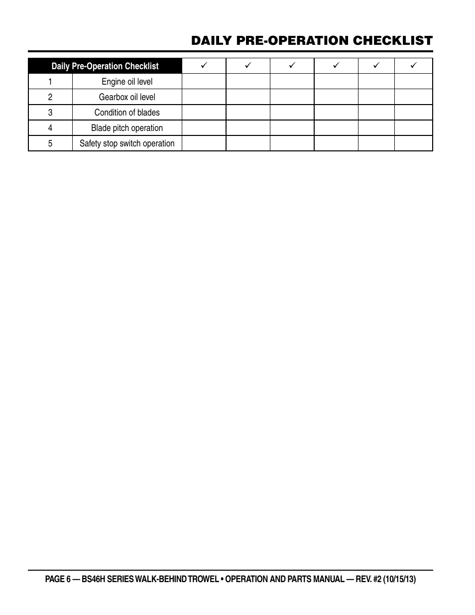 Daily pre-operation checklist | Multiquip BS46HLE User Manual | Page 6 / 68