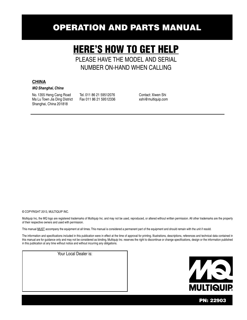 Here’s how to get help, Operation and parts manual | Multiquip BS46HLE User Manual | Page 68 / 68