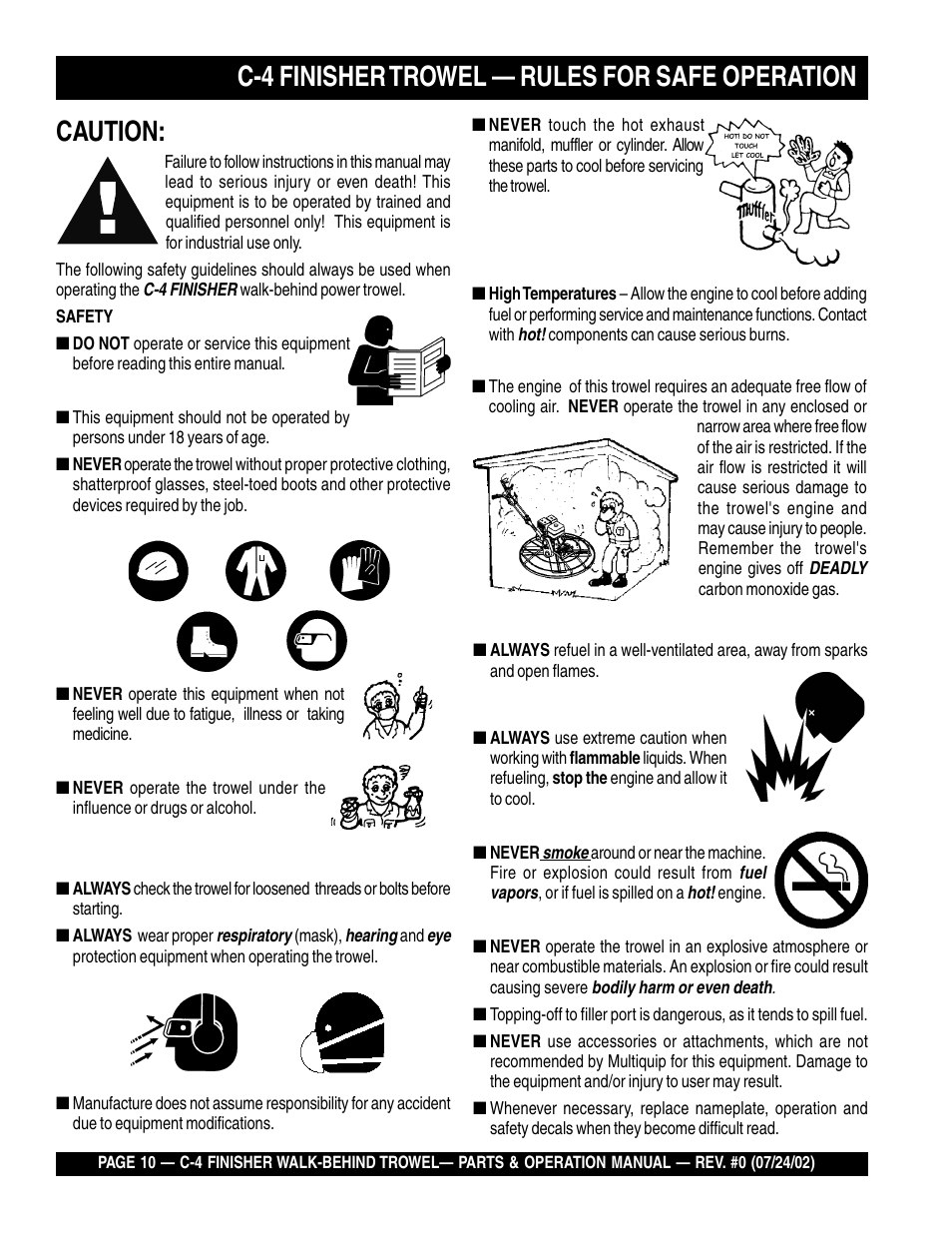 Caution, C-4 finisher trowel — rules for safe operation | Multiquip C42H User Manual | Page 10 / 84
