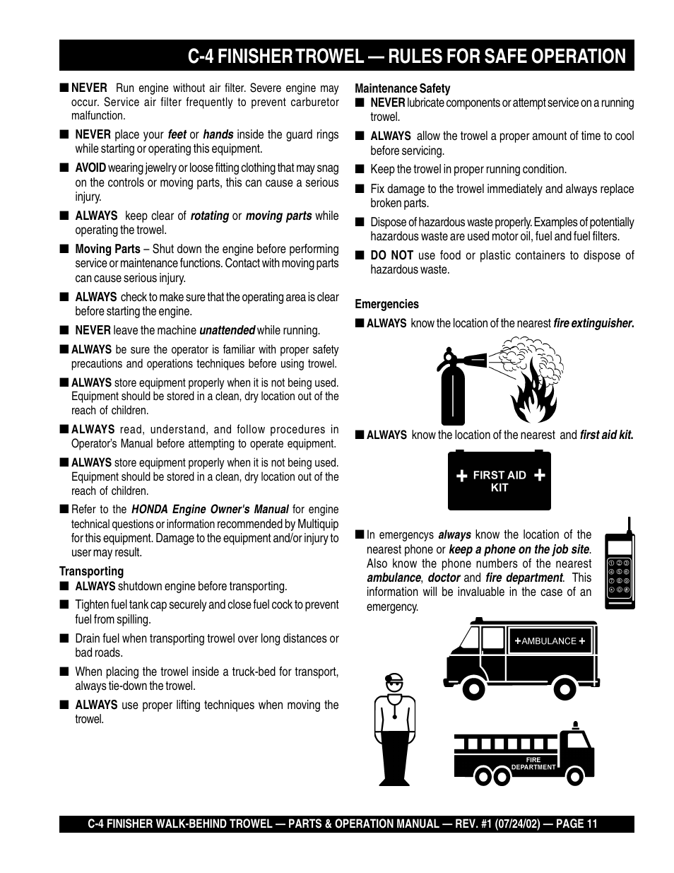 C-4 finisher trowel — rules for safe operation | Multiquip C42H User Manual | Page 11 / 84