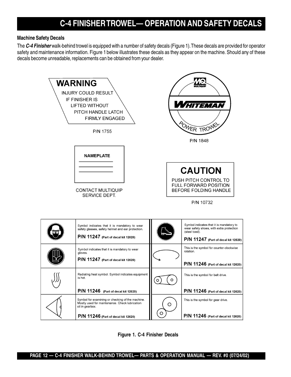 C-4 finisher trowel— operation and safety decals | Multiquip C42H User Manual | Page 12 / 84