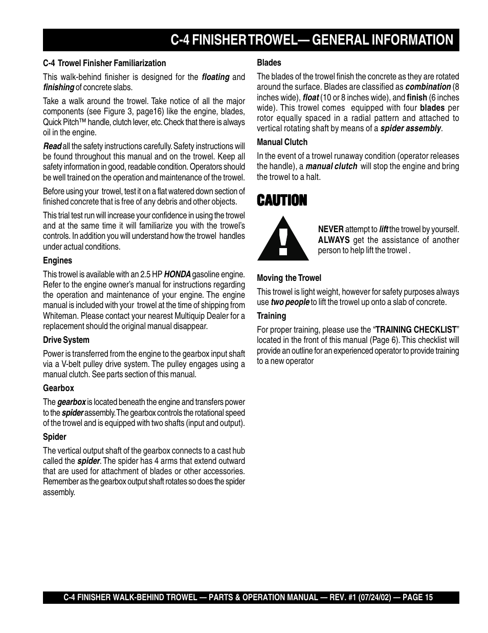 C-4 finisher trowel— general information, Caution | Multiquip C42H User Manual | Page 15 / 84