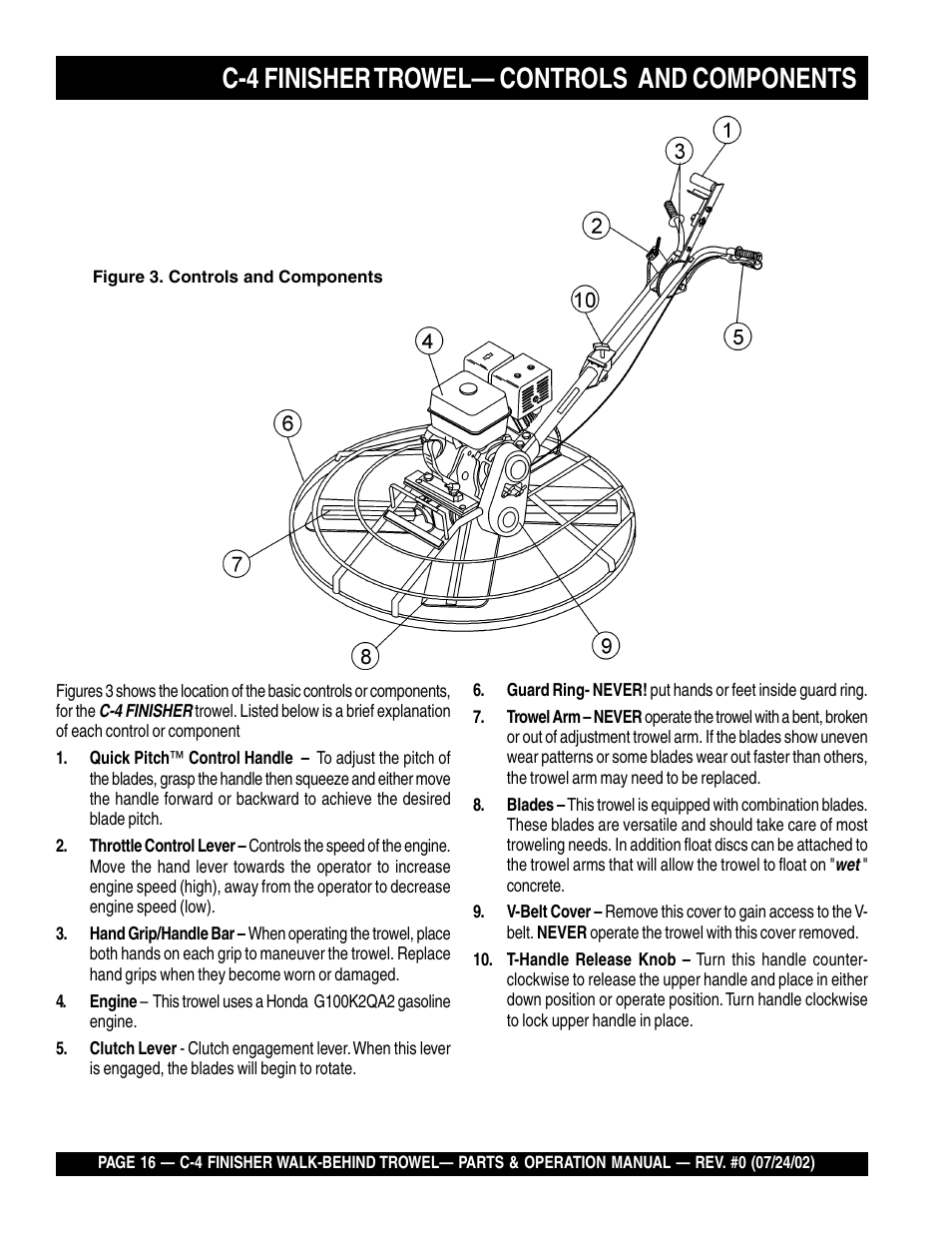 C-4 finisher trowel— controls and components | Multiquip C42H User Manual | Page 16 / 84