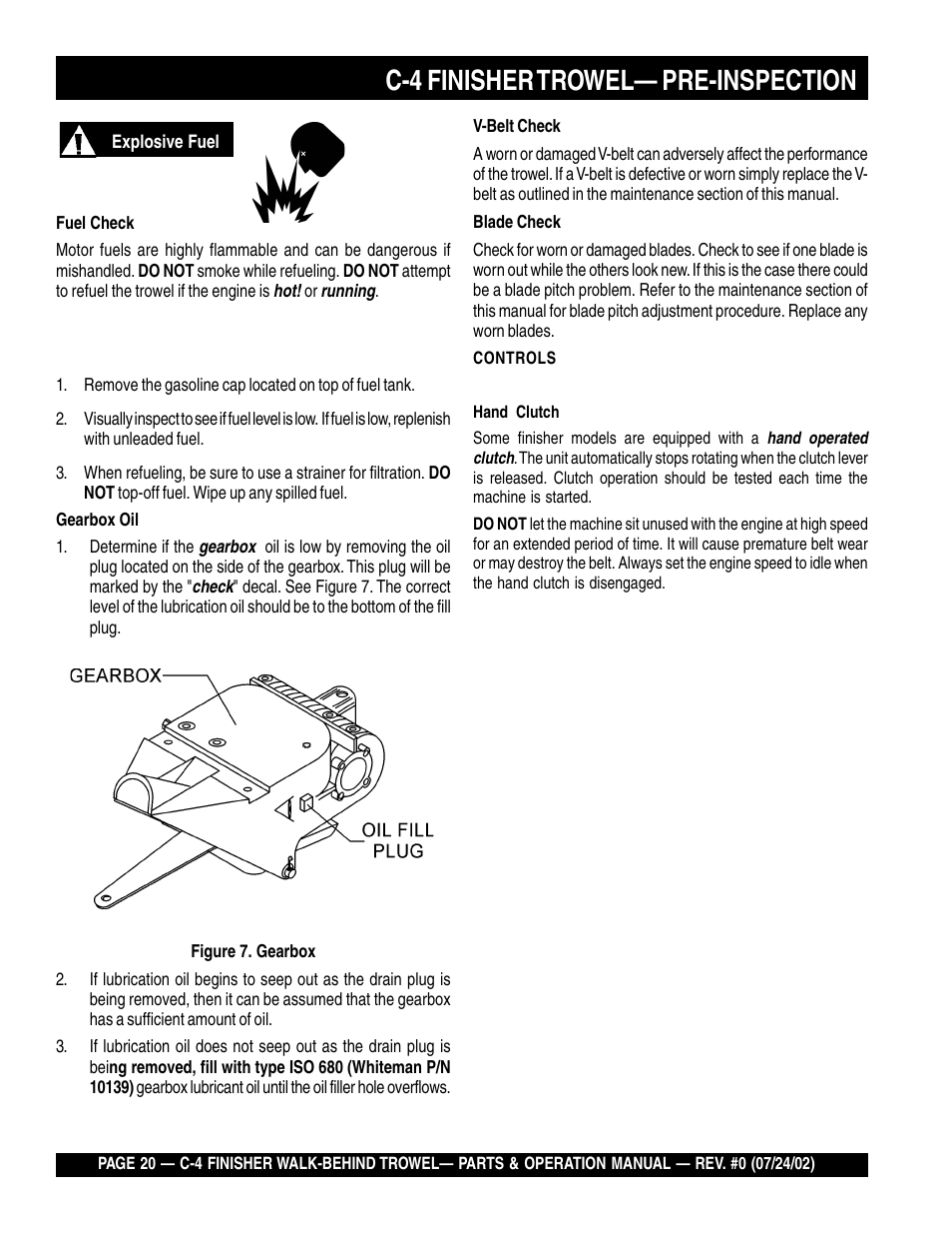 C-4 finisher trowel— pre-inspection | Multiquip C42H User Manual | Page 20 / 84