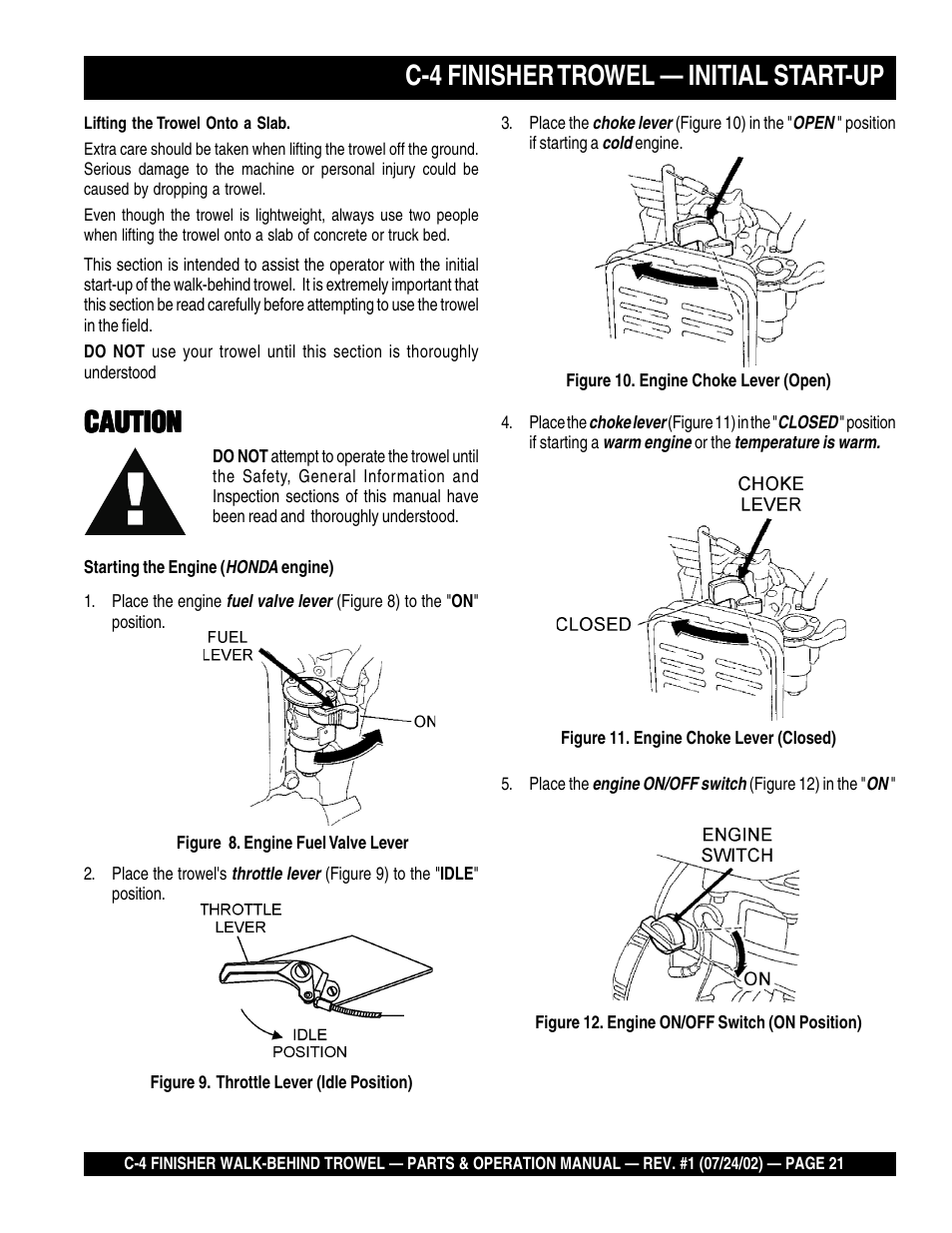 C-4 finisher trowel — initial start-up, Caution | Multiquip C42H User Manual | Page 21 / 84