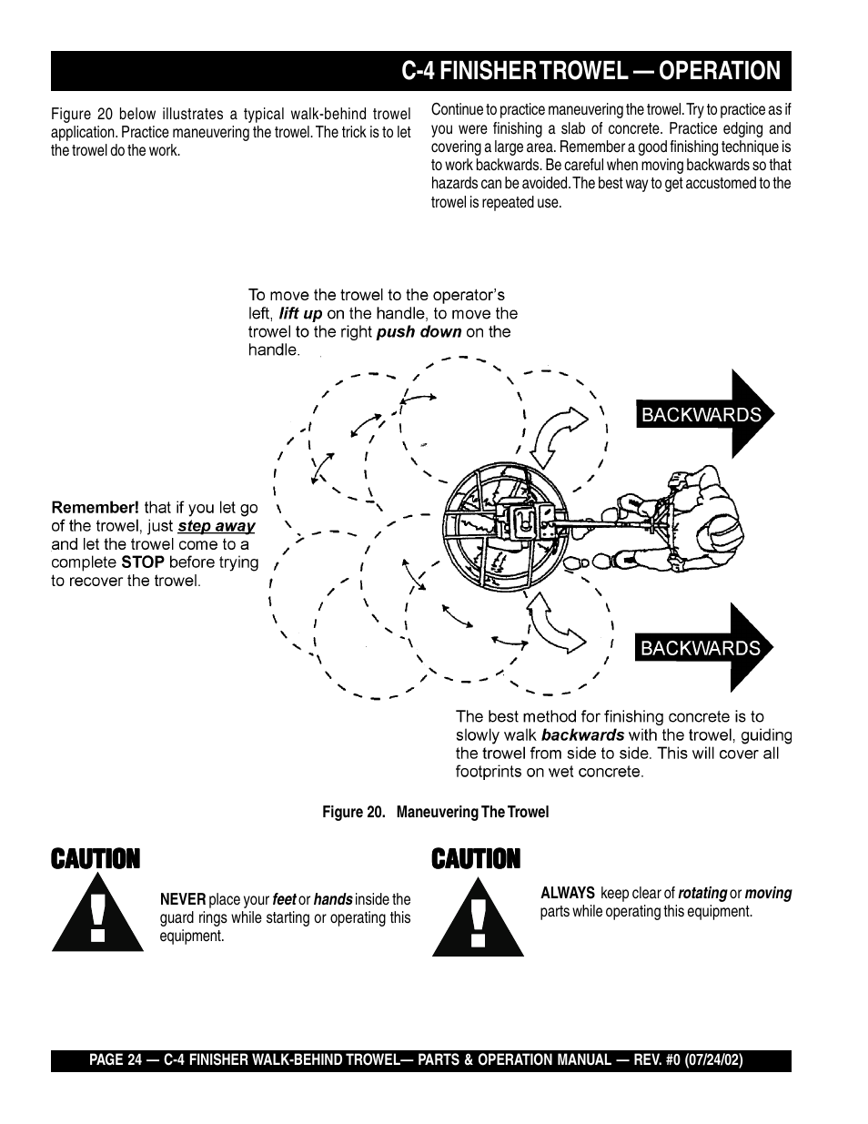 C-4 finisher trowel — operation, Caution | Multiquip C42H User Manual | Page 24 / 84