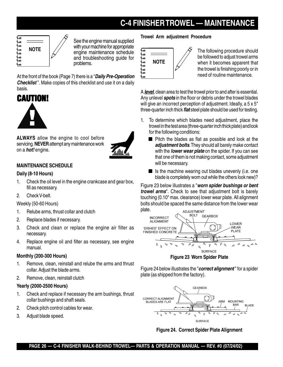 Caution, C-4 finisher trowel — maintenance | Multiquip C42H User Manual | Page 26 / 84
