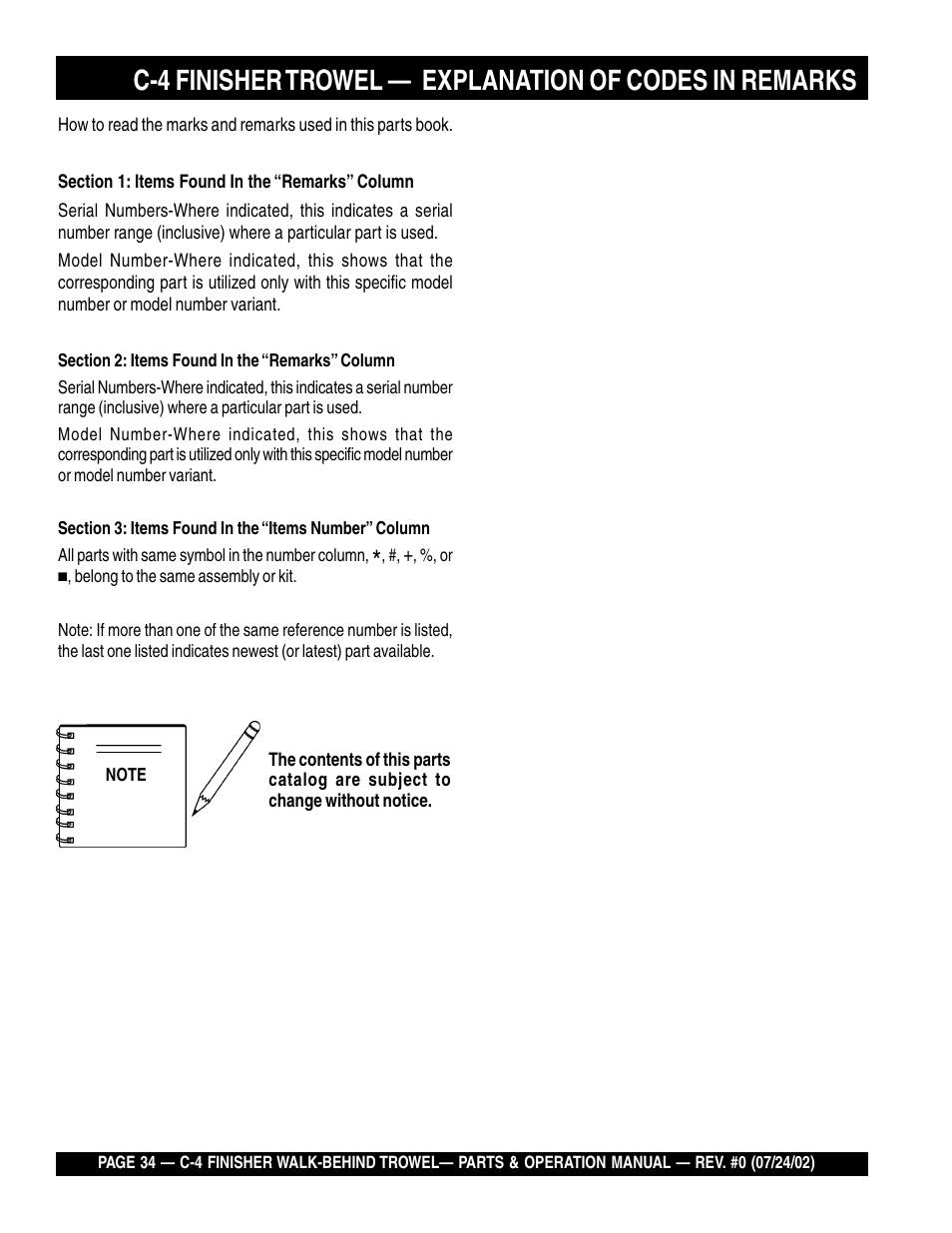 C-4 finisher trowel, Explanation of codes in remarks column | Multiquip C42H User Manual | Page 34 / 84
