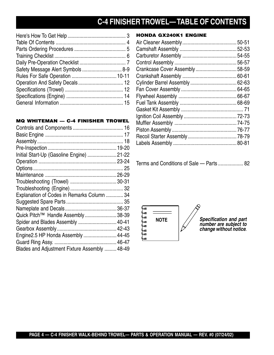 C-4 finisher trowel— table of contents | Multiquip C42H User Manual | Page 4 / 84