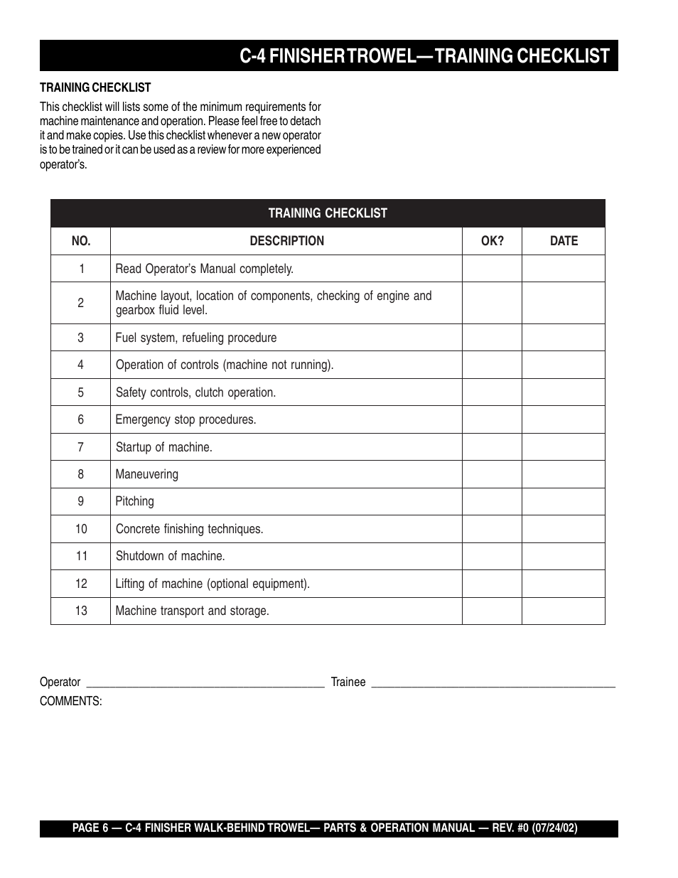 C-4 finisher trowel— training checklist | Multiquip C42H User Manual | Page 6 / 84