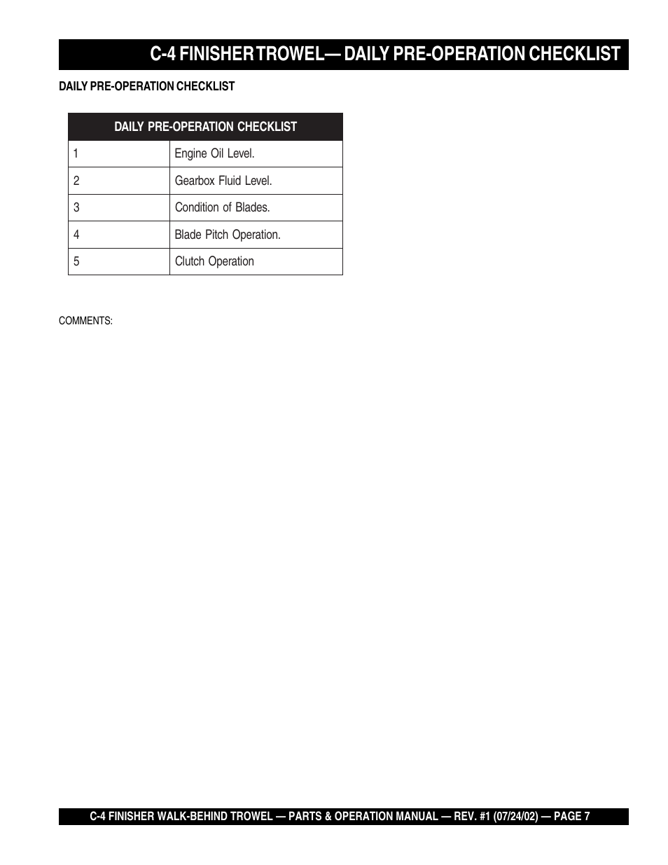 C-4 finisher trowel— daily pre-operation checklist | Multiquip C42H User Manual | Page 7 / 84