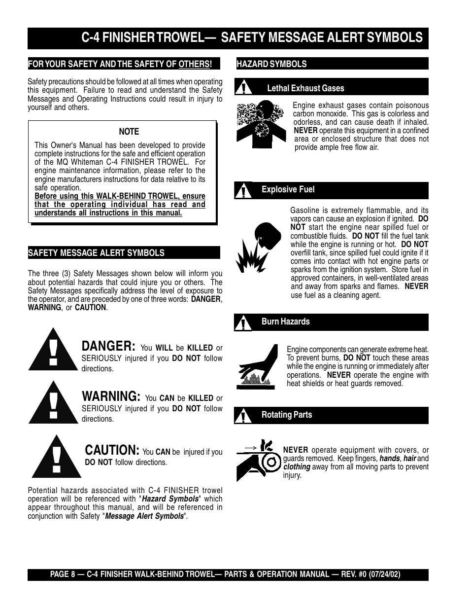 C-4 finisher trowel— safety message alert symbols, Danger, Warning | Caution | Multiquip C42H User Manual | Page 8 / 84