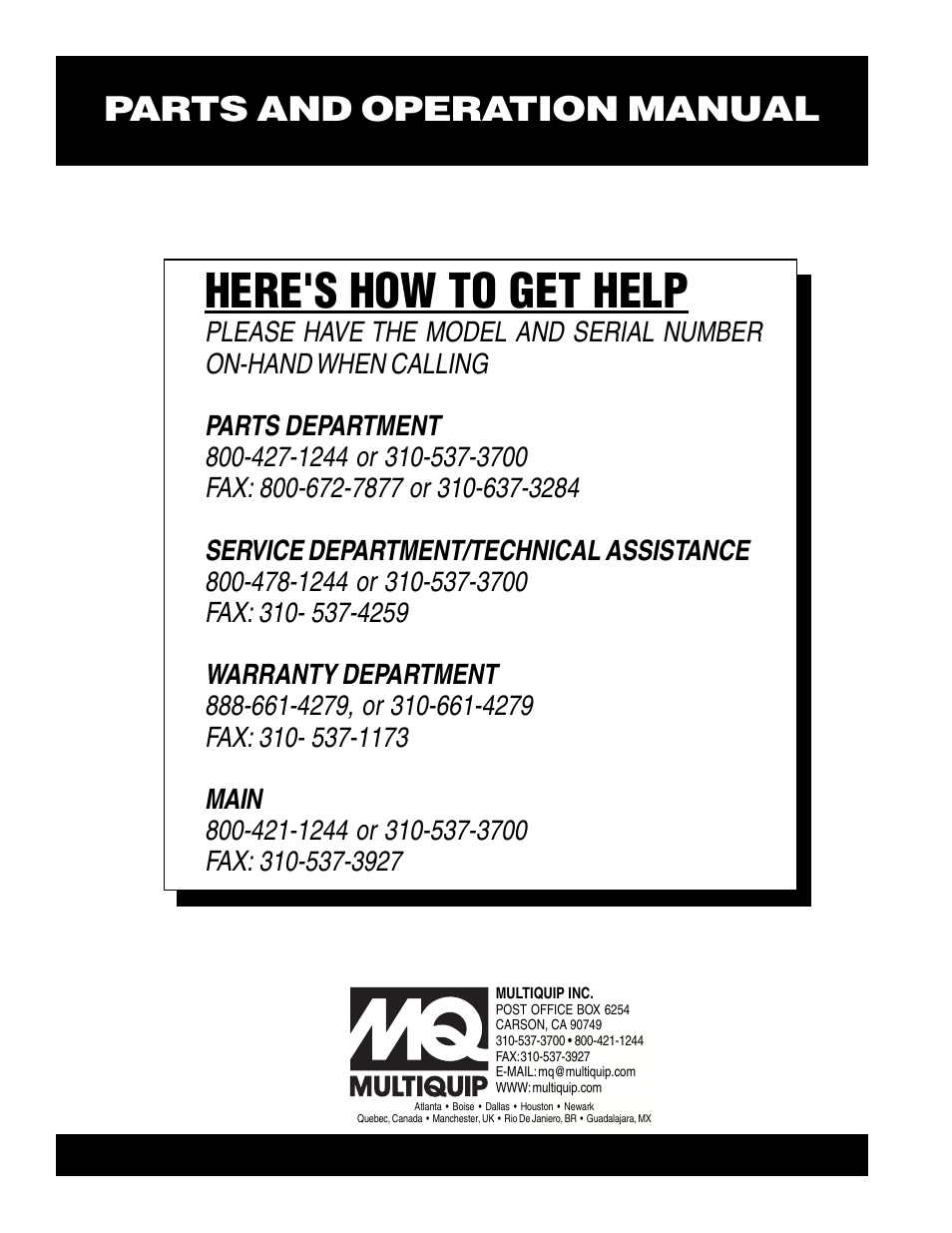 Here's how to get help, Parts and operation manual | Multiquip C42H User Manual | Page 84 / 84