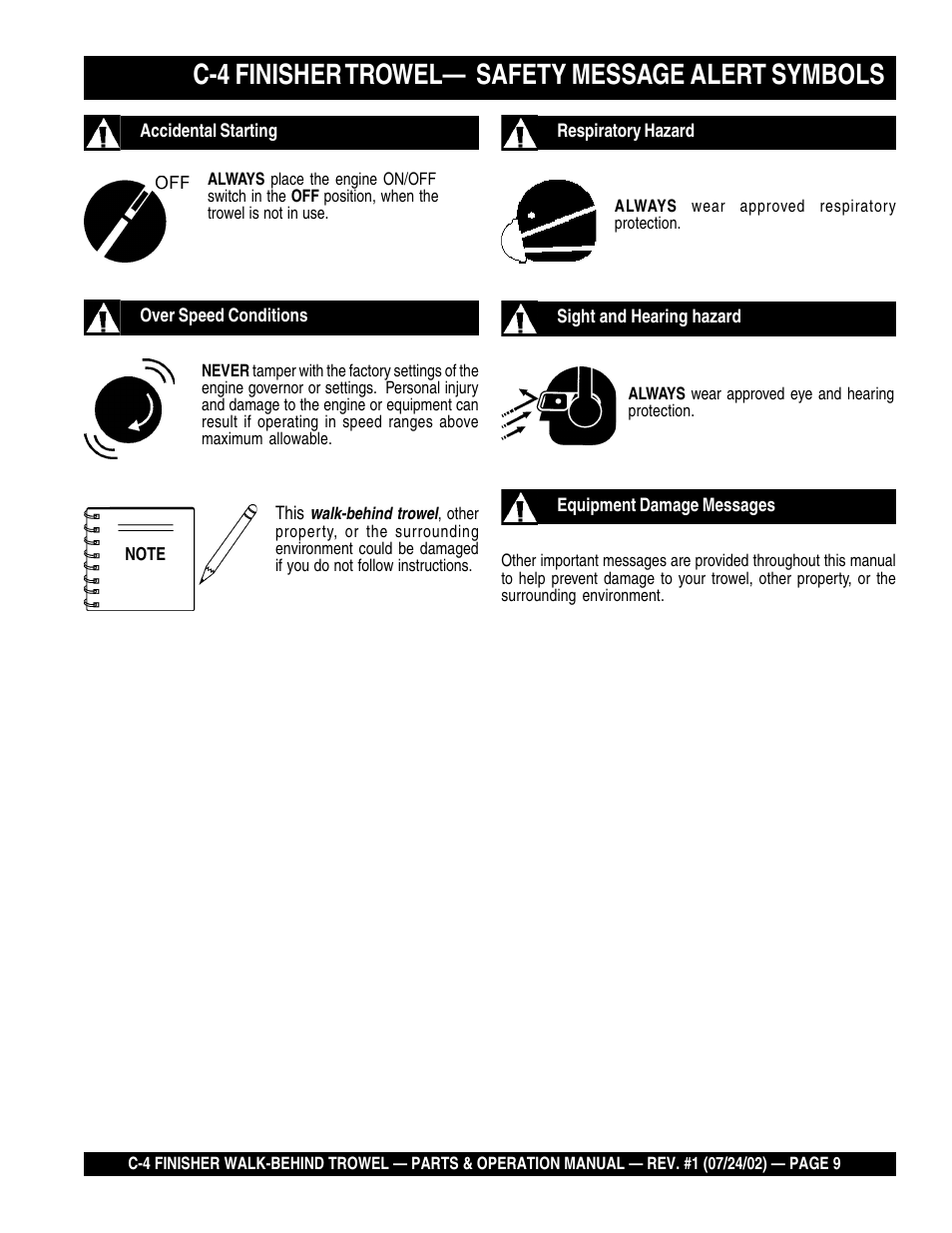 C-4 finisher trowel— safety message alert symbols | Multiquip C42H User Manual | Page 9 / 84