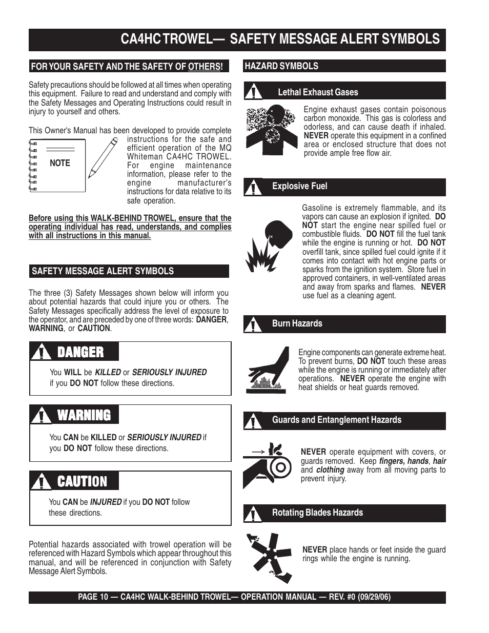 Ca4hc trowel— safety message alert symbols, Cauti | Multiquip CA4HC User Manual | Page 10 / 36