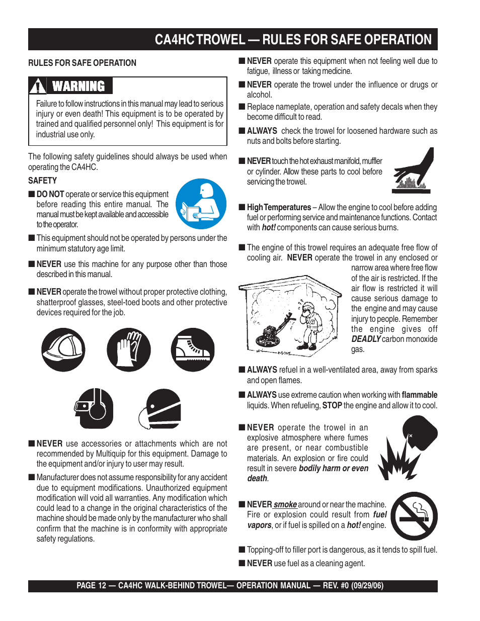 Ca4hc trowel — rules for safe operation, Warning | Multiquip CA4HC User Manual | Page 12 / 36