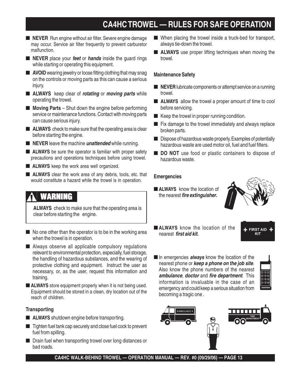 Ca4hc trowel — rules for safe operation, Warning | Multiquip CA4HC User Manual | Page 13 / 36