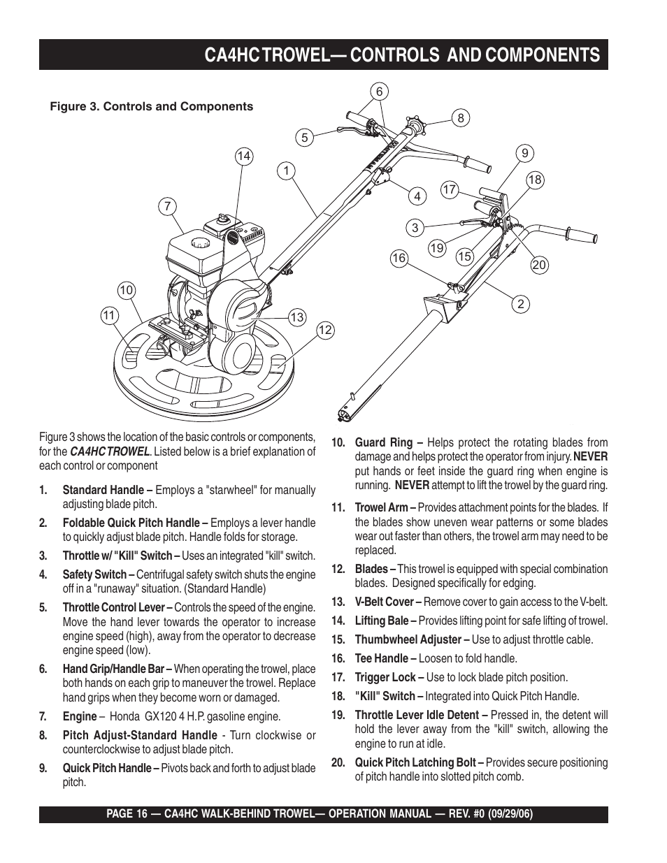 Ca4hc trowel— controls and components | Multiquip CA4HC User Manual | Page 16 / 36
