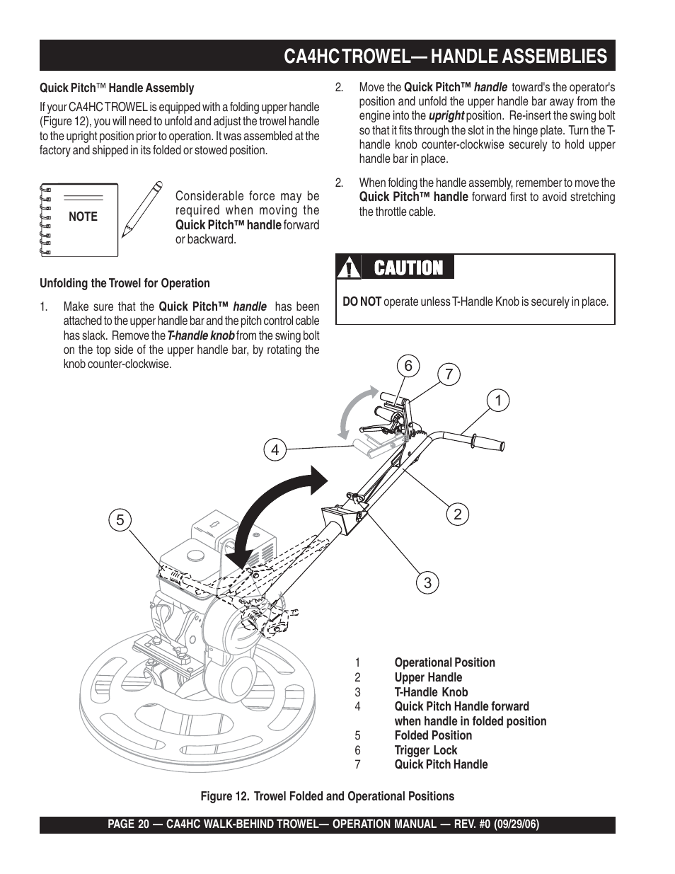 Ca4hc trowel— handle assemblies, Caution | Multiquip CA4HC User Manual | Page 20 / 36