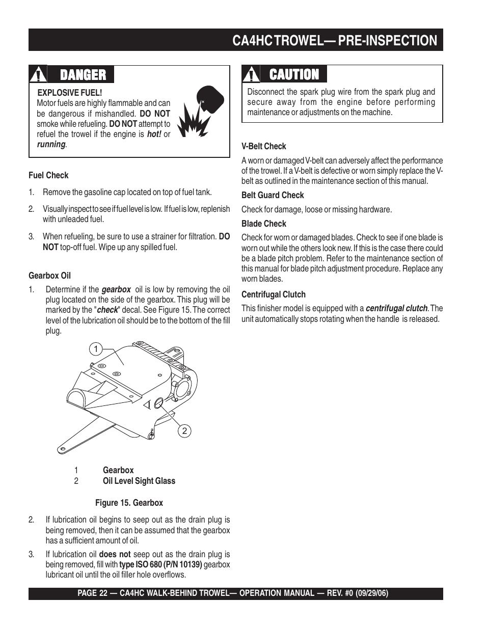 Ca4hc trowel— pre-inspection, Danger, Caution | Multiquip CA4HC User Manual | Page 22 / 36