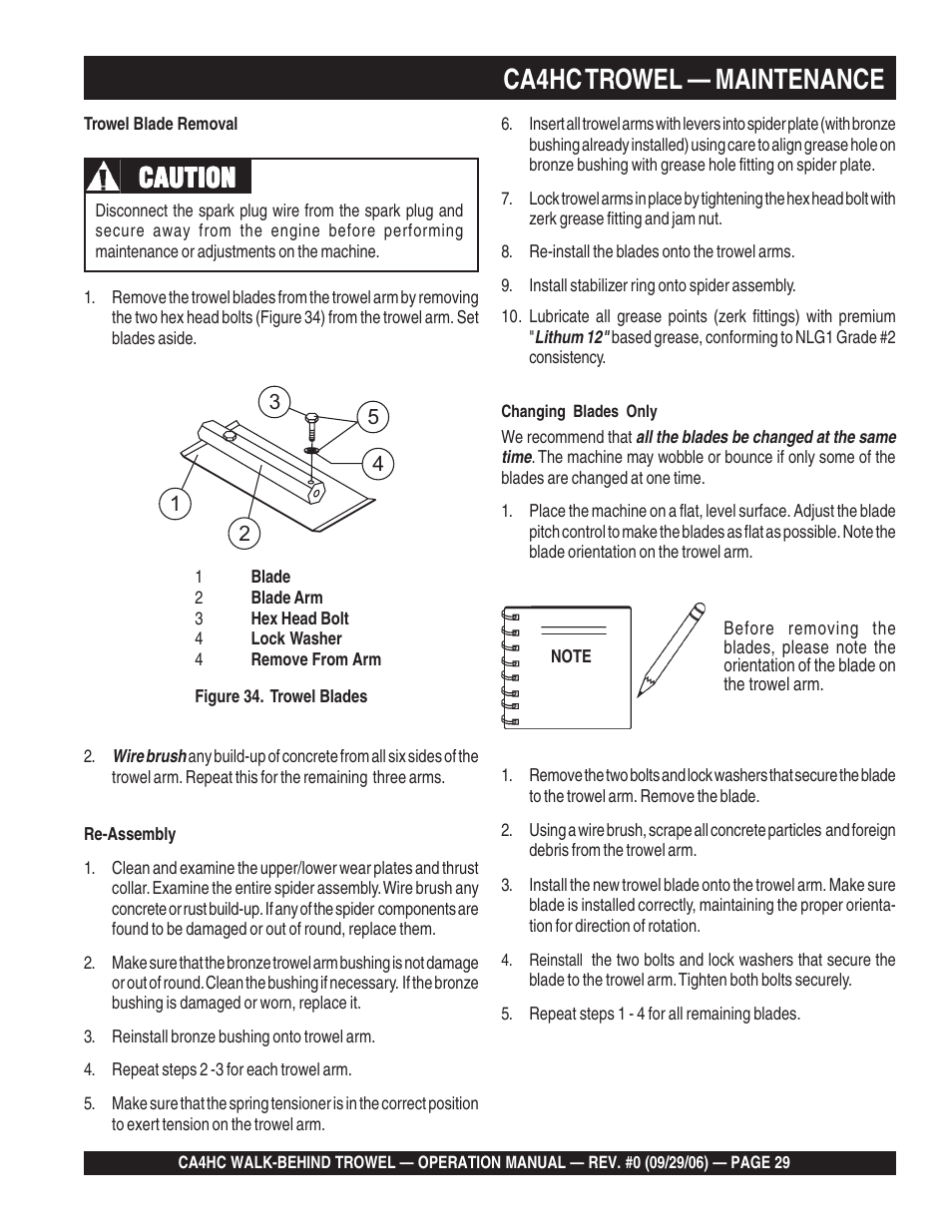 Ca4hc trowel — maintenance, Caution | Multiquip CA4HC User Manual | Page 29 / 36