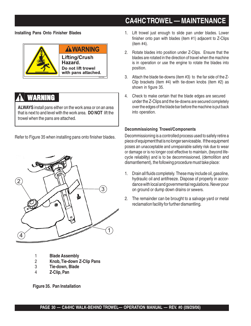 Ca4hc trowel — maintenance, Warning | Multiquip CA4HC User Manual | Page 30 / 36