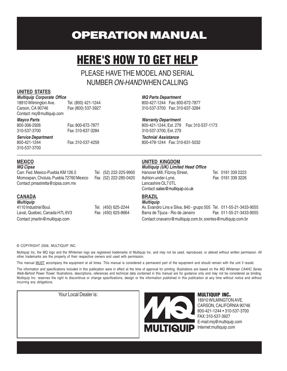 Here's how to get help, Operation manual, On-hand | Please have the model and serial number, When calling | Multiquip CA4HC User Manual | Page 36 / 36