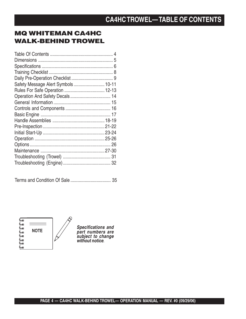 Ca4hc trowel— table of contents, Mq whiteman ca4hc walk-behind trowel | Multiquip CA4HC User Manual | Page 4 / 36