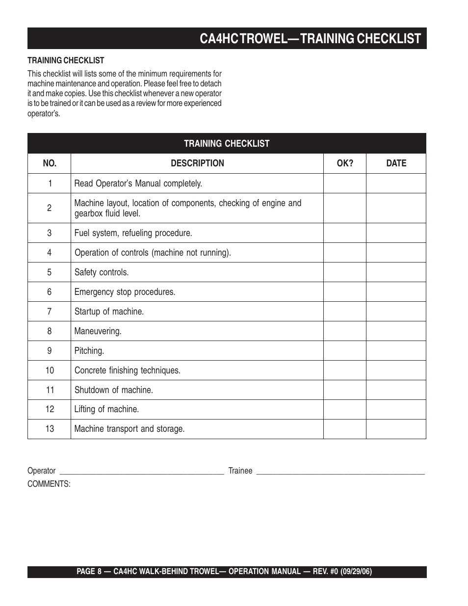 Ca4hc trowel— training checklist | Multiquip CA4HC User Manual | Page 8 / 36