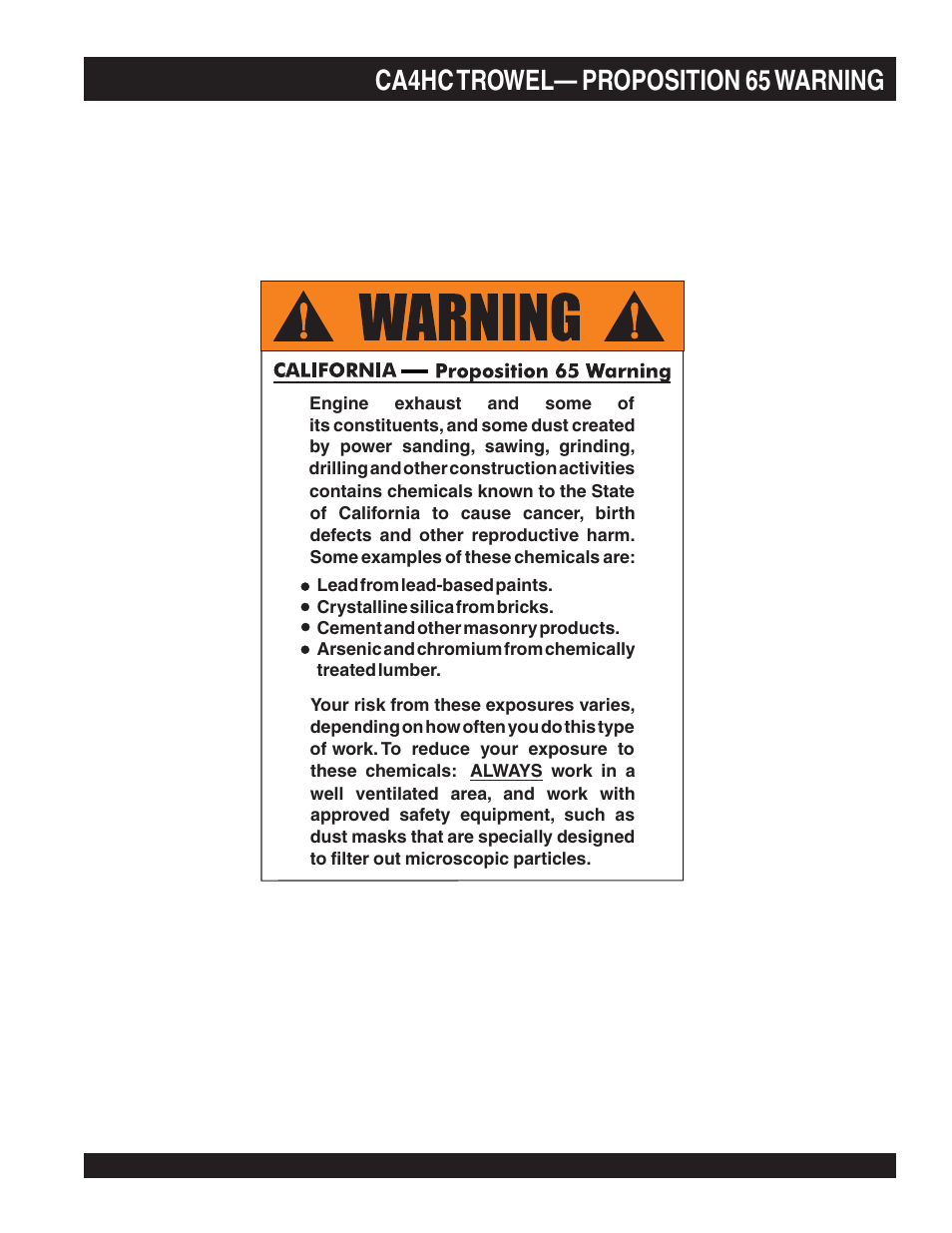 Ca4hc trowel— proposition 65 warning | Multiquip CA4HC User Manual | Page 2 / 60
